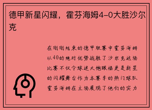 德甲新星闪耀，霍芬海姆4-0大胜沙尔克